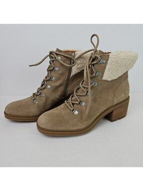 Lucky Brand Demia Boots Womens 9.5 Tan Suede Sherpa Lined Lace Fur Ankle Booties